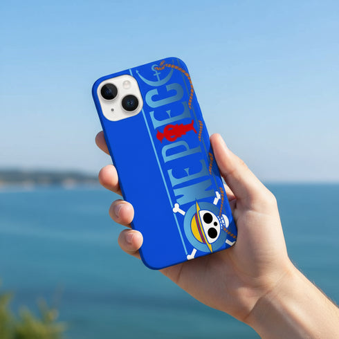 coque amortissante résistante One Piece, pour iPhone 15 de couleur bleue