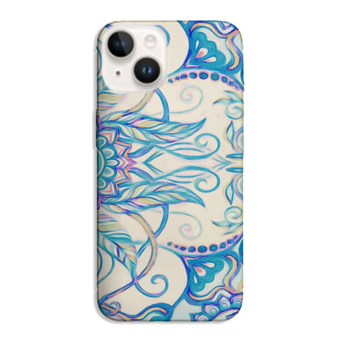 Coque pour iPhone 15 Vintage Pearl Floral, housse de protection antichocs motifs personnalisés avec des fleurs bleus.
