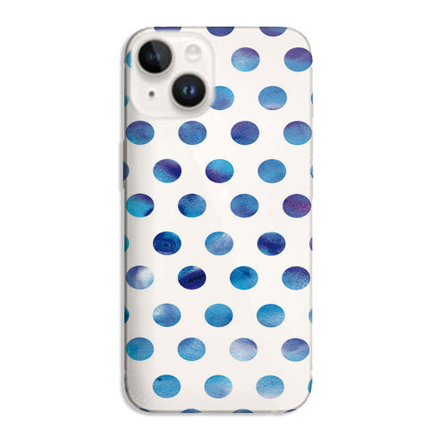 Coque pour iPhone 15 Space Polka dots, un look bleu et blanc à pois personnalisé par impression hd uv