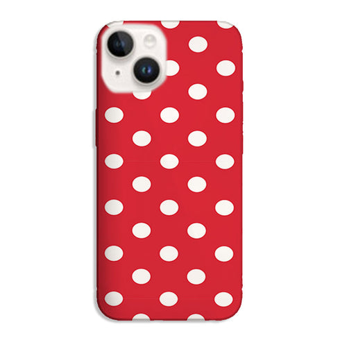 Coque pour iPhone 15 Rouge à Pois, silicone antichocs, protection des contours et boutons.