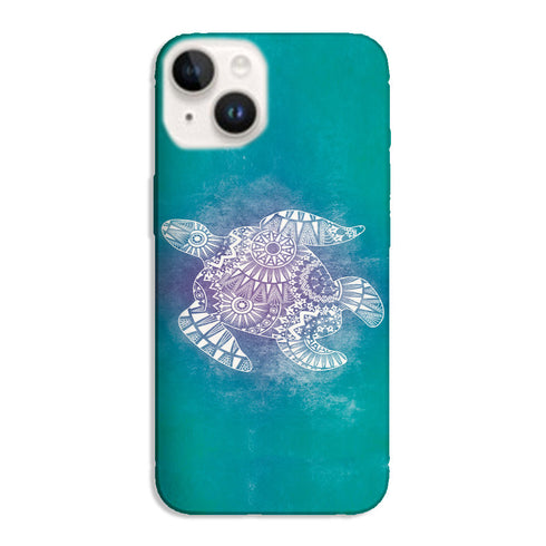 Coque silicone souple iPhone 15 Tortue Mandala, ultra légère, de couleur bleu turquoise