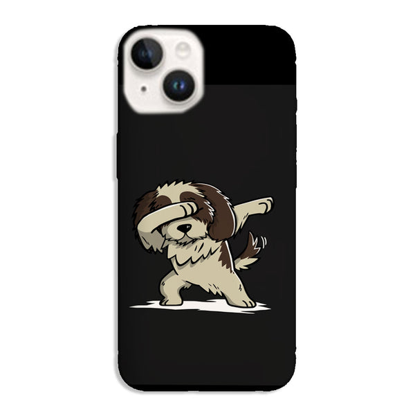 Coque iPhone 15 Dog shih tzu dabbing, disponible pour tous les modèles de smartphones Apple 15, collection animaux fun
