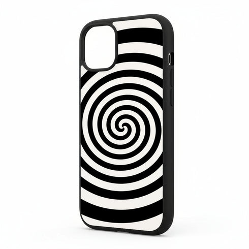 Housse pour tel portable iPhone 15 motif vertigo, un look unique sur une protection de silicone antichocs noir et blanc