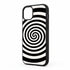 Housse pour tel portable iPhone 15 motif vertigo, un look unique sur une protection de silicone antichocs noir et blanc