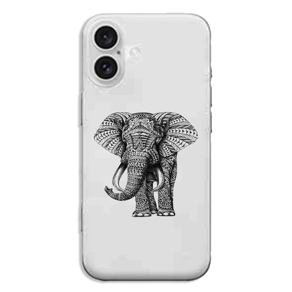 Coque iPhone 16 Noir dessin Blanc Elephant