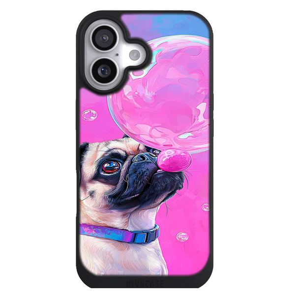 Coque iPhone 17 Chien Carlin (Pug) cartoon avec bulle de chewing gum - MaCoquePerso