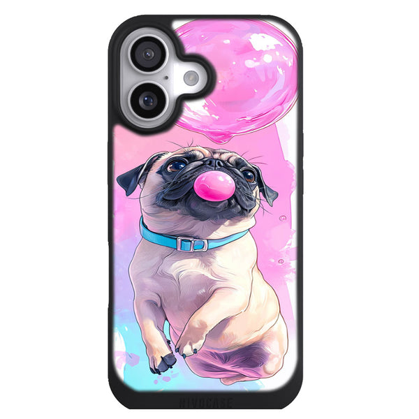 Coque iPhone 17 Chien Carlin cartoon chewing gum rose - MaCoquePerso
