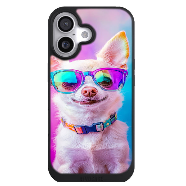 Coque iPhone 17 Chien Chihuahua drole lunettes geantes colorées - MaCoquePerso