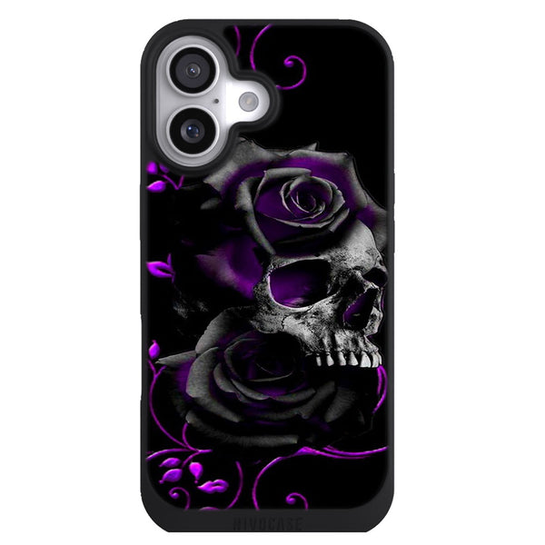 Coque iPhone 17 Aesthetic Crâne avec roses noires et violettes - MaCoquePerso