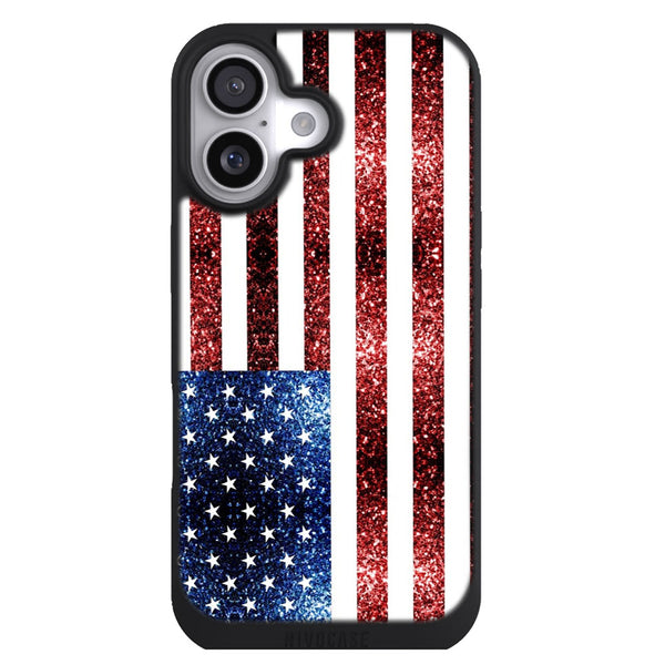 Coque iPhone 17 Aesthetic Drapeau USA rouge bleu faux scintille paillettes - MaCoquePerso
