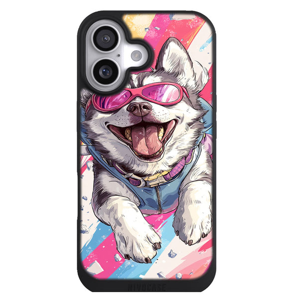 Coque iPhone 17 Chien Husky super heros cartoon humour - MaCoquePerso