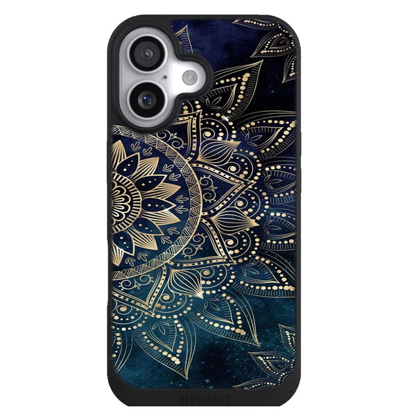 Coque iPhone 17 Fleurs Mandala doré élégant Blue Galaxy Design - MaCoquePerso