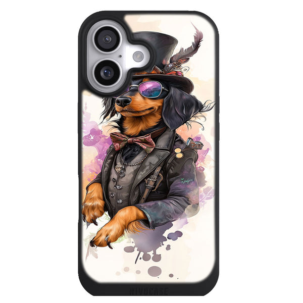 Coque iPhone 17 Chien Teckel drôle en costume vintage - MaCoquePerso