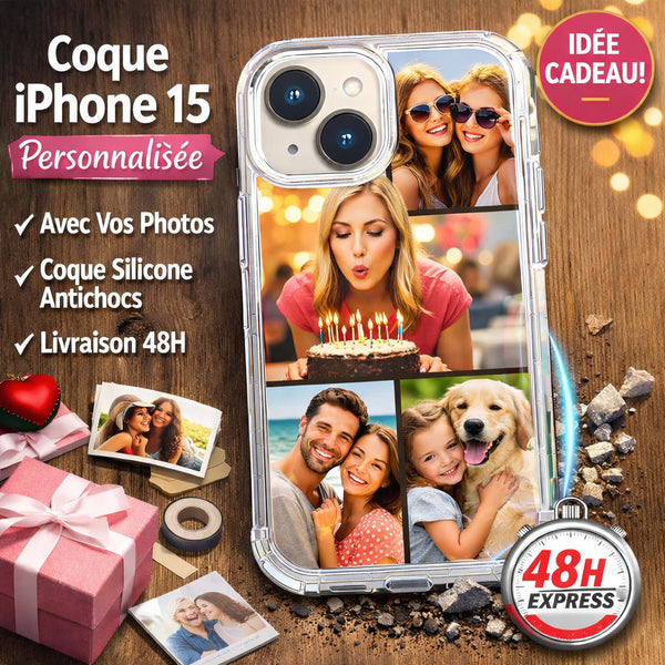 Personnalise ta coque iphone 15 avec une photo, ou plusieures, une idée cadeau pour un anniversaire ou une fête, livraison en 48h