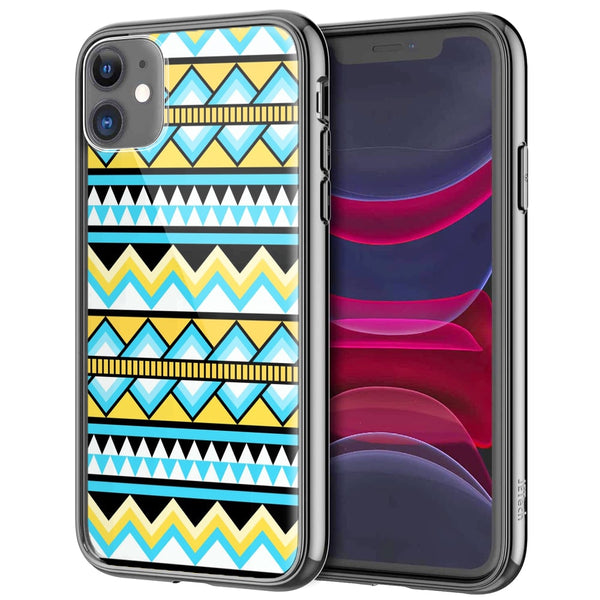 Coque renforcée en Verre Trempé pour iPhone 12, Motif Aztec Bleu Jaune