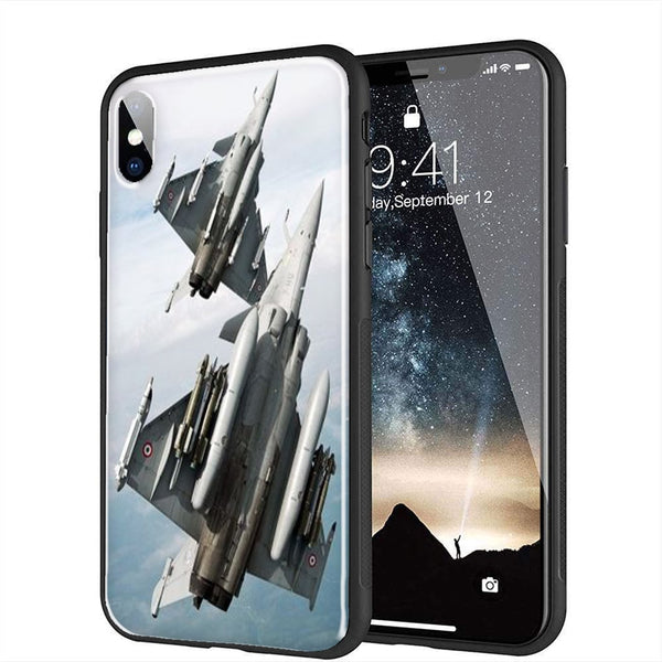 Coque renforcée en Verre Trempé pour iPhone X, XR, XS, Motif Avion de Chasse Militaire Rafale en Vol