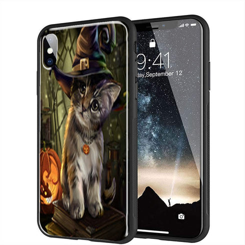 Coque Halloween Cat pour iPhone, Samsung, Huawei en Verre Trempé