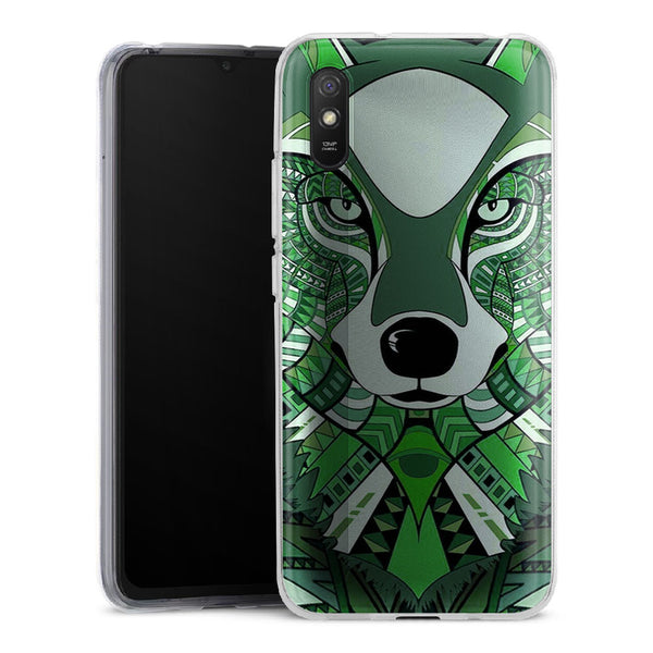 Coque Xiaomi Redmi 9 Loup Vert Azteque - XIAOMI REDMI 9A