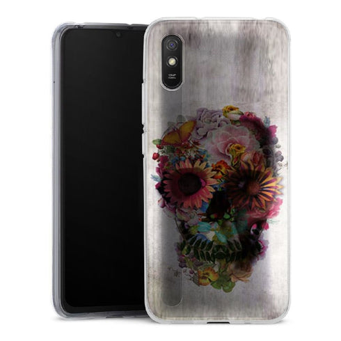 Coque pour Xiaomi Redmi 9 Skull flowers gardening