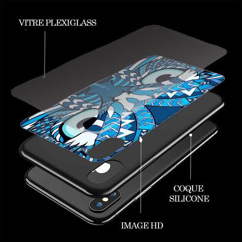 Impression sur Plexiglas Verre Trempé Hibou Bleu pour iPhone X, XR, XS, iPhone 11, iPhone 8 Plus, iPhone 8, iPhone SE 2020