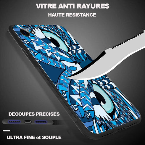 Coque Bumper Hibou Bleu Aztèque pour iPhone X, iPhone Xs, iPhone 11, iPhone 8, iPhone SE 2020, iPhone 8 Plus