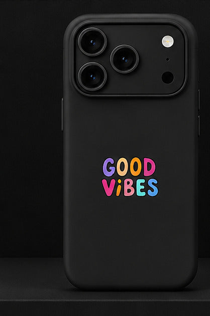 Coque iPhone 17 noire emoji Good Vibes