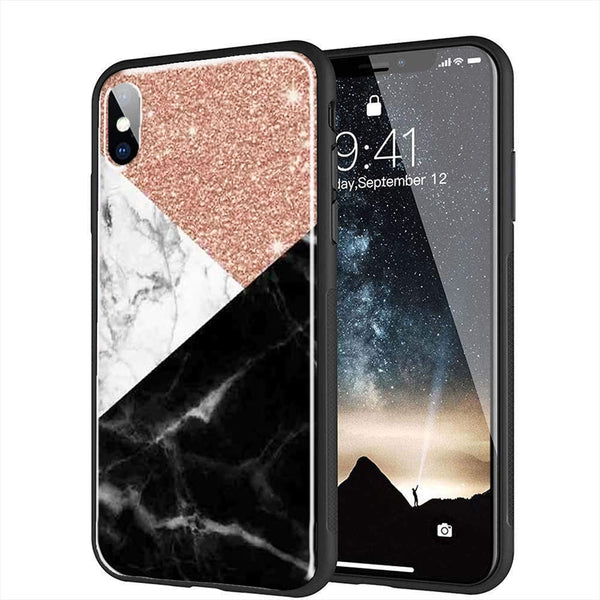 Coque iPhone X Marbre Strass Rose en Verre Trempé