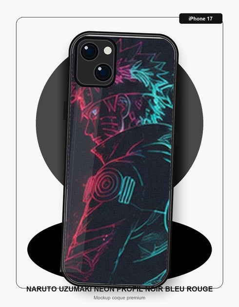 Coque iPhone 17 Manga Naruto Uzumaki Neon Profil Noir Bleu Rouge Naruto