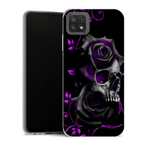 Coque Samsung Galaxy A22 5G Aesthetic Crâne avec roses noires et violettes - MaCoquePerso