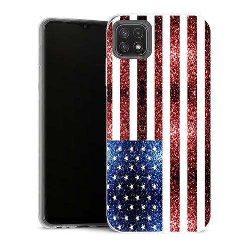 Coque Samsung Galaxy A22 5G Aesthetic Drapeau USA rouge bleu faux scintille paillettes - MaCoquePerso