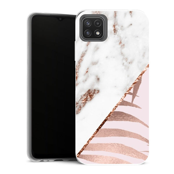 Coque Samsung Galaxy A22 5G Aesthetic Marbre en or rose et fougères tropicales - MaCoquePerso