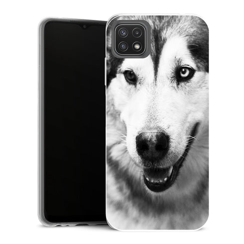Coque Samsung Galaxy A22 5G Animaux Husky yeux clairs - MaCoquePerso