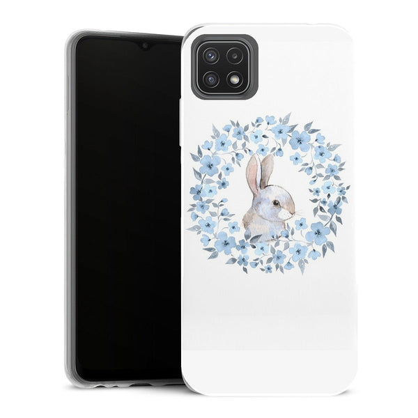 Coque Samsung Galaxy A22 5G Animaux Lapin fleur bleu - MaCoquePerso