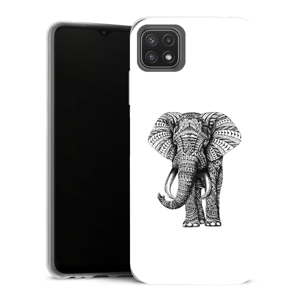 Coque Samsung Galaxy A22 5G Animaux Noir dessin Blanc elephant - MaCoquePerso