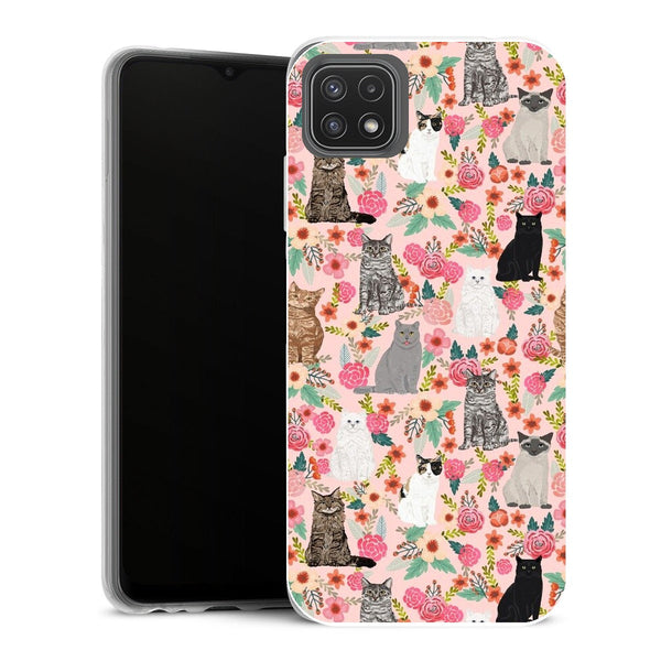 Coque Samsung Galaxy A22 5G Animaux Races de chats mixtes florales de chats pour les amoureux des animaux de compagnie - MaCoquePerso
