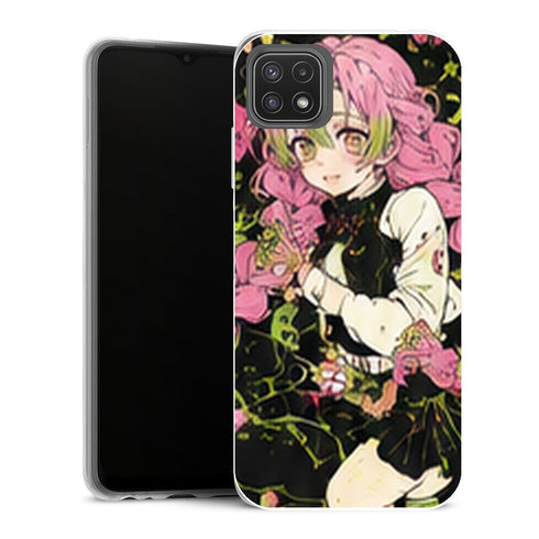 Coque Samsung Galaxy A22 5G Demon Slayer Mitsuri Kanroji Fond Fleurs Noir - MaCoquePerso