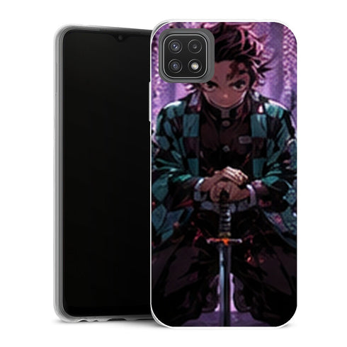 Coque Samsung Galaxy A22 5G Demon Slayer Tanjiro Kamado Assis Glycines Violettes - MaCoquePerso