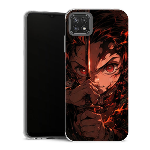 Coque Samsung Galaxy A22 5G Demon Slayer Tanjiro Kamado Katana Flammes - MaCoquePerso