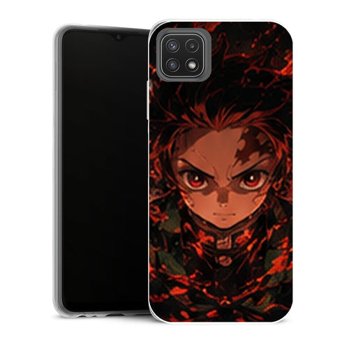 Coque Samsung Galaxy A22 5G Demon Slayer Tanjiro Kamado Portrait Feu Noir - MaCoquePerso