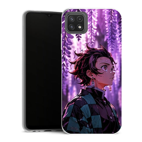 Coque Samsung Galaxy A22 5G Demon Slayer Tanjiro Kamado Profil Glycines Violettes - MaCoquePerso