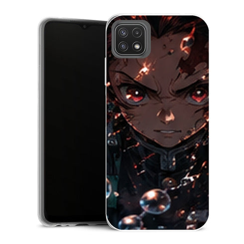 Coque Samsung Galaxy A22 5G Demon Slayer Tanjiro Kamado Regard Bulles Rouges - MaCoquePerso