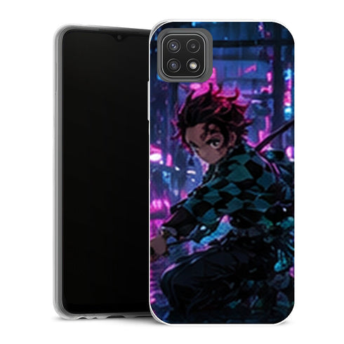 Coque Samsung Galaxy A22 5G Demon Slayer Tanjiro Kamado Ville Neon Katana - MaCoquePerso