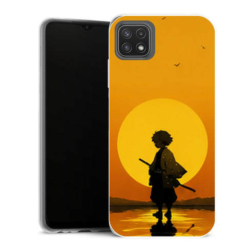 Coque Samsung Galaxy A22 5G Demon Slayer Zenitsu Agatsuma Silhouette Soleil Jaune - MaCoquePerso