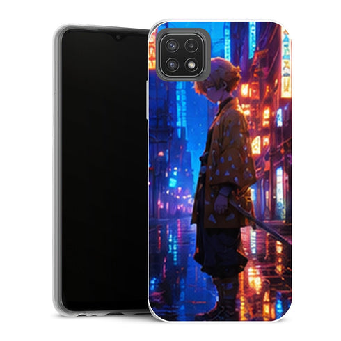 Coque Samsung Galaxy A22 5G Demon Slayer Zenitsu Agatsuma Ville Neon Pluie - MaCoquePerso