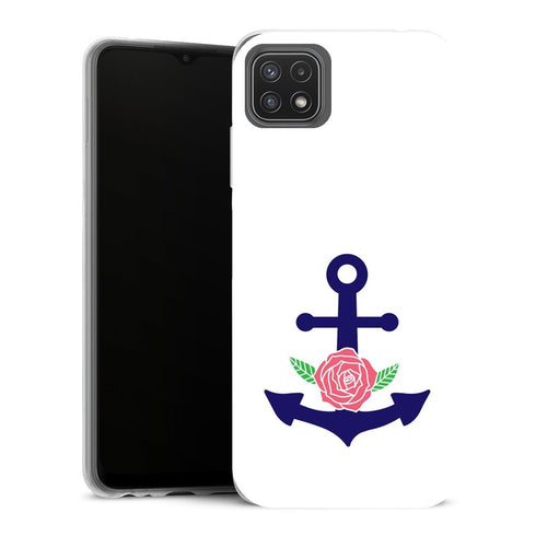 Coque Samsung Galaxy A22 5G Fleurs Ancre Florale Bleu Marine et rose - MaCoquePerso