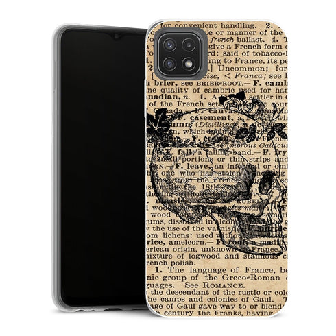 Coque Samsung Galaxy A22 5G Fleurs Crâne en Art Floral Couronne Art Dessin Dictionnaire - MaCoquePerso
