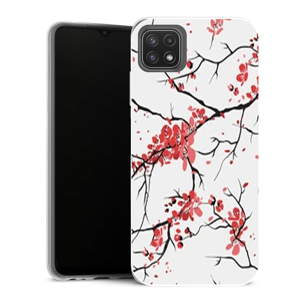 Coque Samsung Galaxy A22 5G Fleurs Fleurs de cerisier orientales blanches sur le double bonheur de mariage rouge et chinois | Sakura japonais 93225340 - MaCoquePerso