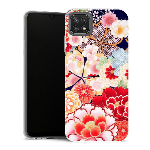 Coque Samsung Galaxy A22 5G Fleurs FLEURS JAPONAIS ANTIQUES Rose Blanc Roses Sauvages Style Kimono Floral - MaCoquePerso