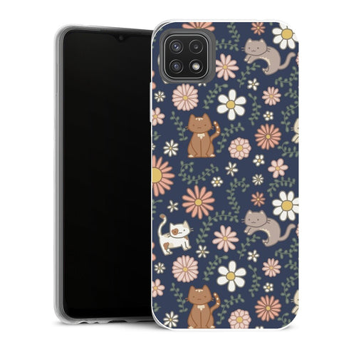 Coque Samsung Galaxy A22 5G Fleurs Flower Meower (Marine) - MaCoquePerso