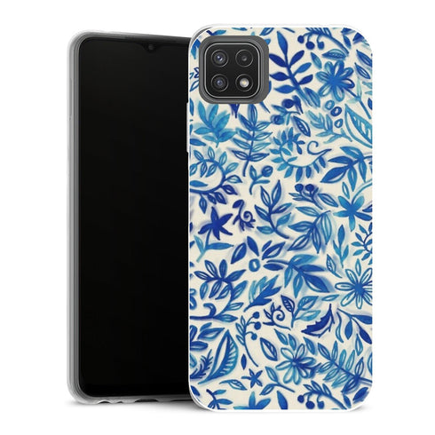 Coque Samsung Galaxy A22 5G Fleurs Jardin flottant motif aquarelle en bleu - MaCoquePerso